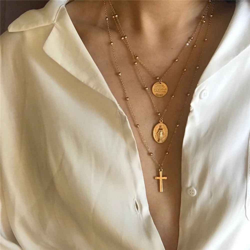🎉 New Gold Plated Cross Triple Layer Chain Necklace